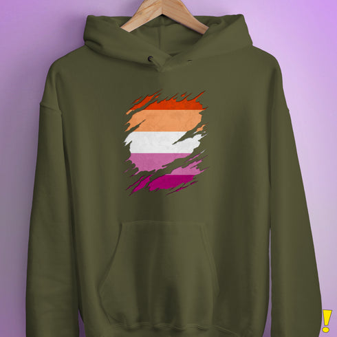 Lesbian Pride Flag Ripped Reveal Hoodie - Army